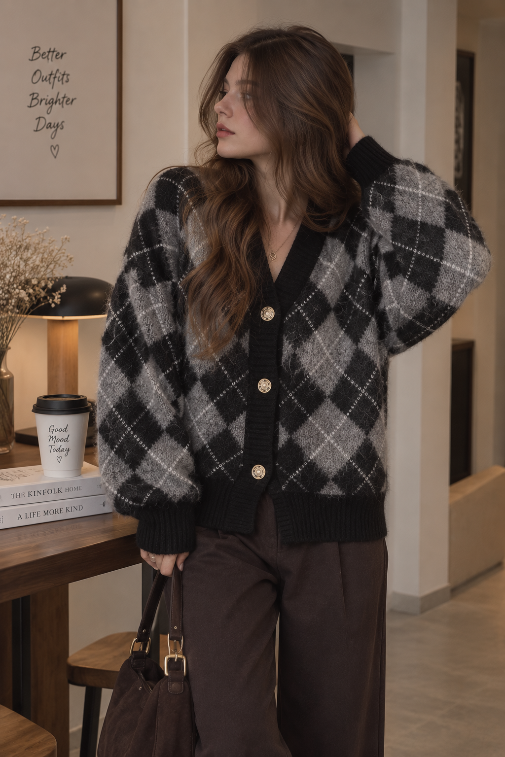 Elara Argyle Knit Cardigan